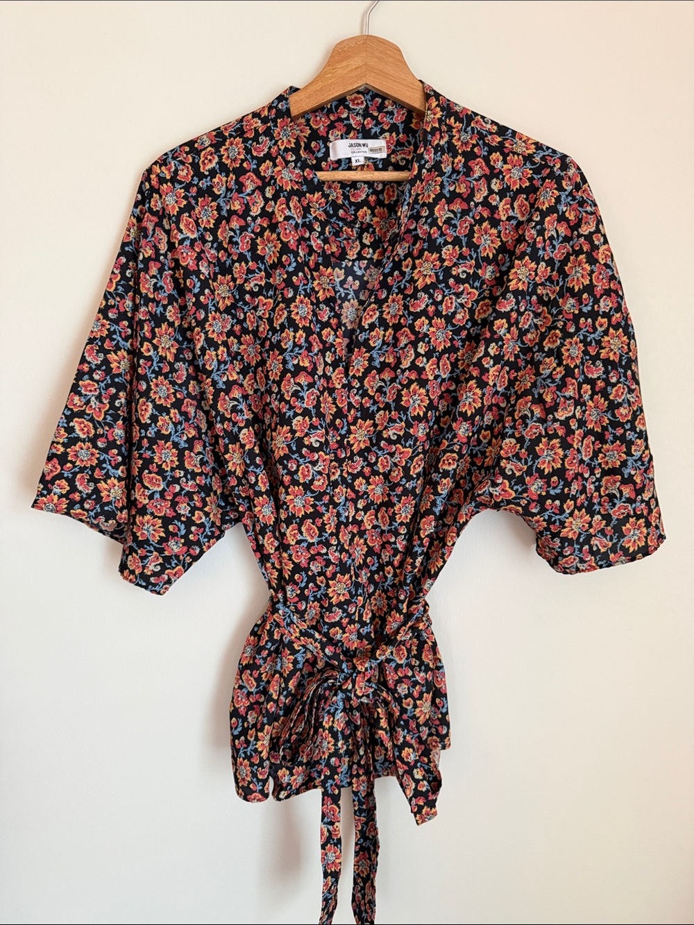 Jason Wu Black Floral Tie-Front Blouse with Red and Blue Accents